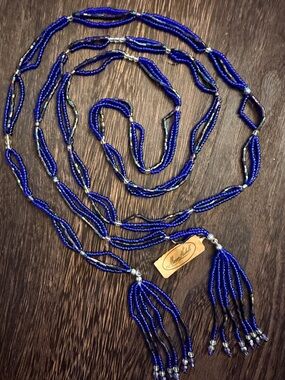 Vintage Miriam Haskell 56”Beaded Tassel Necklace in Royal Blue